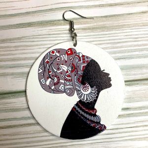 African Queen painted wood earrings white black